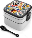 Hand Drawn Plant Pattern Bento Box Adult Lunch Box All-in-One Lunch Containers with Removable Compartments Double Layer Bento Lunch Box with Spoon And Handle Stackable Lunchbox