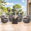 Outdoor Swivel Rocker Patio Chairs Set of 4 with Fire Table - 5" Thick Cushion 6 Piece Furniture Set with Fire Pit Table All Weather Wicker Conversation Set for Porch Deck - Brown/Gray