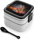 Colorful Musical Note Bento Box with Compartments Double Layer Bento Lunch Box with Spoon And Handle All-in-One Adult Lunchbox Leakproof Lunch Container for Work Picnic Travel