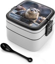 Otters Bento Box Double Layer Lunch Box for Adults with Spoon And Handle Stackable Lunchbox Leakproof Lunch Container for Work Picnic Travel