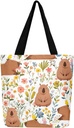 Hippie Flowers Canvas Tote Bag Aesthetic for Women Girls,Cute Animals Reusable Grocery Handbag