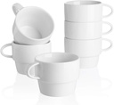 Sweese 6-Pack Porcelain Latte Cups - Stackable 10 Ounce Coffee Mugs for Cappuccino, Mocha, Tea - Space-Saving, Chip-Resistant - Dishwasher Friendly – Ideal for Home and Café, White