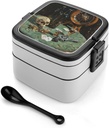 Adult Double-Layer Bento Box Pistol And Cards Portable Lunch Box with Spoon And Invisible Handle Leakproof Microwave-Safe Food Container for Work Travel Camping