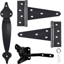 Gate Hardware Kit Heavy Duty,with Self Locking Gate Latch,6 inch T Strap Gate Hinges and 10 inch Gate Door Handle Pull,Shed Door Hardware Set for Wooden Vinyl Fence,Gate,Farm,Garden,Black Finish