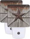 Western Texas Star Night Light Set of 2, Old Barn Wood Auto Sensor LED Dusk-to-Dawn Nightlights, Plug-in Sensor Lamp for Bedroom Bathroom Kitchen Hallway Stairs Decorative