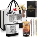 7 Pcs Book Lovers Gifts for Women 16oz Glass Cup A5 Notebook Tote Bag Makeup Bag and 3 Pcs Ballpoint Pens Birthday Gifts for Librarian