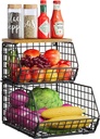 X-cosrack 2-Tier Stackable Wire Baskets with Wood Lids, Fruit Basket for Kitchen Counter, Wall-mounted Baskets for Potato and Onion Storage, Metal Baskets for Snack Produce Cans