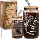 Wife Nutrition Facts Mother 16oz Can Glass Cup with Lids & Straws Gifts for Wife from Husband, Wedding Anniversary Birthday Engagement Gifts for Bride Women, Romantic Wifey Love Gift for Her