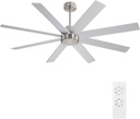 WINGBO 72" Large DC Ceiling Fans without Lights, 3 Downrods, 8 Plywood Blades, 6-Speeds Reversible DC Motor, Indoor Ceiling Fan No Lights for Bedroom Living Room Patio, Brushed Nickel and Silver