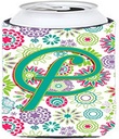 Caroline's Treasures CJ2011-FTBC Letter F Flowers Pink Teal Green Initial Tall Boy Hugger Can Cooler Sleeve Hugger Machine Washable Drink Sleeve Hugger Collapsible Insulator Beverage Insulated Holder