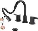 Phiestina Pull Out Sprayer Matte Black 8 Inch Bathroom Sink Faucet, Widespread 2 Handles 3 Hole Pull Down Bathroom Faucet, with Pop Up Drain and Water Supply Line, BF04022-K01-MB