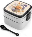 Brown And Purple Bento Box Adult Lunch Box All-in-One Lunch Containers with Removable Compartments Double Layer Bento Lunch Box with Spoon And Handle Stackable Lunchbox
