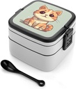 All-in-One Bento Box Stackable Leak-Proof Lunch Box With Carry Handle 2 Layer Portable Meal Prep Container Cartoon Of A Cat Lunchbox with Utensils for Dining Out Work