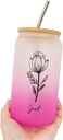 16 Oz Iced Coffee Tumbler Customized Birth Flower Glass Coffee Cup with Lid And Straw - Reusable Tea Cups Can Shaped Glass W/Lids Straws - Women's Day Gifts for Colleague
