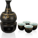 Janpanese Sake Set with Wamer, Ceramic 7pcs Sake Set with 1 Sake Carafe 4 Sake Cups 1 Sake Warmer 1 Candle Stove (Black)