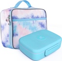 Fenrici Girls Lunch Bag and Bento Box Set, Insulated Kids Lunch Box for Girls, Boys with 5 Compartment Container, Utensils Included for School, BPA Free, Pink Tie Dye, Pastel Blue Bento