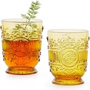 Sungmor Vintage Embossed Drinking Glasses Set of 2 - Amber Yellow Tumbler Glasses, 10 oz Decorative Cups for Cocktails, Water or Juice - Antique Baroque Style Glassware