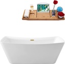 Streamline 62" Freestanding Soaking Bathtub – Glossy White Acrylic Tub with Brushed Gold Internal Drain and Bamboo Tray – 77 Gallon Capacity