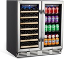 Safe Installation Dual Zone Wine Cooler Refrigerator, 33 Bottles & 96 Cans, Removable Wooden Shelves, Blue Light Protection Lamp, Energy-Saving, Quiet Operation, Under Counter Wine Cellar