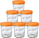 Le Parfait Jam Pots Clear Jars with Orange Snap Lids | Sturdy French Faceted Non-Slip Glass Body | Works as Drinking Glass Cup for Iced Tea or Coffee & Spice Storage | 11oz (Pack of 6) 324ml