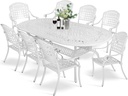 MEETWARM 9-Piece Outdoor Furniture Dining Set, All Weather Cast Aluminum Patio Garden Set with 8 Chairs,1 Oval Table, 2" Umbrella Hole, White
