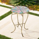 Teal Island Designs Pastel Modern Gold Metal Round Outdoor Accent Side Table 14 1/4" Wide Pink Green Hand-Crafted Mosaic Glass Tile Tabletop Gracefully Curved Legs for Porch Patio House Balcony