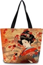 Floral Japaniese Geisha Tote Bag Reusable Grocery Bags Aesthetic Shopping Shoulder Handbag with Interior Pocket Washable Stylish Floral Japaniese Geisha Present for Women