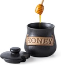 12OZ Honey Jar with Dipper and Lid, Ceramic Honey Pot Container, Large Honey Jars Dispenser and Black Sugar Bowl with Lid and Spoon 15 Oz Farmhouse Sugar Container Holder for Coffee Bar Accessories