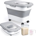 Rice Storage Containers, Collapsible 20 to 30Lbs Food Storage Bin Dispenser with Rolling Wheel and Clear Airtight Lid, BPA Free Flour, Sugar, Cereal and Dog Cat Pet food Containers