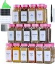 36 Glass Spice Jars with Label-4oz Spice Containers with Pink Lids and Shaker Lids,3 Sets of Spice Labels 1 Collapsible Funnel 2 Erasable Markers (36)