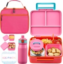 Bento Lunch Box for Kids with Thermos, Leakproof Bento Box with 8oz Insulated Food Jar, Insulated Bottle, Lunch Bag, BPA Free Dishwasher Safe 4 Compartment Container for School Girls Boys (Pink)