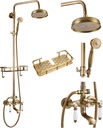 gotonovo Exposed Bathroom Tub Shower Faucet Set with Shower Shelf 8 inch Rainfall Shower Head with Handheld Spray with Tub Spout Shower System 3 Function Wall Mounted Antique Brass Double Lever Handle