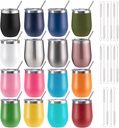 12 oz Insulated Wine Tumbler with Lid and Straw,Stainless Steel Stemless Wine Tumbler Glasses 16 Packs Double Wall Vacuum Wine Cups Tumbler Bulk for Champaign,Beer,Cocktail,Office,16 Colors
