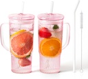 Glass Cups with Lids and Straws,24oz Glass Tumbler with Handle Iced Coffee Cup for Coffee,Juice,Tea,Milk,Smoothie,Hot & Cold Drinks (Pink)