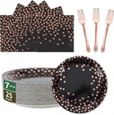 Black and Rose Gold Paper Plates and Napkins Party Supplies,25 x 7''Dessert Plates & 25 x 6.5''Napkins & 25 x 6.3''Forks,Disposable Paper Tableware Set for Birthday,Anniversary,Retirement(Serve 25)