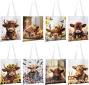 8 Pcs Christmas Highland Cow Tote Bags for Women Western Highland Cow Shoulder Bags Reusable Grocery Bag for Travel Work Shopping Cows Lovers Gifts