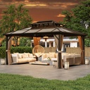 MELLCOM 12x16ft Outdoor Polycarbonate Double Hardtop Roof Gazebo, Aluminum Furniture Gazebo Canopy with Netting and Curtains for Garden, Patio, Lawns, Party and Deck