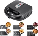 6-in-1 Waffle Iron, Panini Press Grill and Electric Sandwich Maker Set with Removable Non-Stick Plate, Ideal for Cooking Grilled Cheese, Tuna Melts, Burgers, Steaks and Snacks, Black