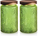 2 pack Decorative Mason Jars with Wooden Lids Colored Glass Kitchen Canister for Coffee Tea Cookie Airtight Vintage Food Storage Container with Embossed Floral Pattern (Green Floral, Large)