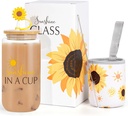Dosuarue Sunflower Gifts for Women, Iced Coffee Cup, 16 oz Cute Glass Cups with Lids and Straws - Flower Mug Cup, Drinking Glass Tumbler - Christmas, Birthday Gifts for Women Friend Sister