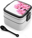 Beautiful Flowers Bento Box Double-Layer Bento Lunch Container with Spoon And Invisible Handle Adult Leak-Proof Lunchbox for Dining Out Work Picnics Travel
