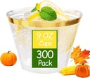 Ciaell 300PCS Gold Plastic Cups - 9Oz Heavy Duty Plastic Cups - Gold Rimmed Disposable Cup - Disposable Clear Wine Cup with Gold Rim for Party & Wedding & Thanksgiving