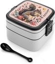Bento Box Stackable 2 Layers Containers Adult Lunch Box Squirrel And Flowers Lunchbox for Women Men All-in-One Meal Prep Containers Leakproof Lunch Containers for Work