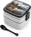 Scotland Castle Water Lake Scottish Stackable Bento Box Double-layered Leak-Proof Lunch Box 1L Capacity Portable Lunchbox Durable Drop-Proof for Work Picnic Travel