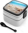 Ocean Sea Beach Seashells Starfish Blue Bento Box Adult Lunch Box All-in-One Lunch Containers with Removable Compartments Double Layer Bento Lunch Box with Spoon And Handle Stackable Lunchbox