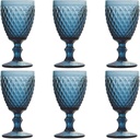Blue Wine Glasses set of 6 Colored Drinking Goblets Vintage Embossed Glassware 10 OZ Pretty Water Stemmed Cup for Wedding Party Bar