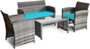 Giantex 4 Pc, Rattan Loveseat & Patio Chairs with Cushioned Seat, Wicker Coffee Table, Outdoor Furniture Front Porch Poolside Garden Lawn Conversation Sets, Mix Grey&Turquoise