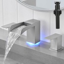 Brushed Nickel Waterfall LED Bathroom Faucet 3 Hole, 8 Inch Widespread Bathroom Sink Faucets with 3 Colors Light Changing, Vanity Faucet 2 Handle with Pop Up Drain and cUPC Supply Hoses