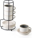 JIEMEI HOME Porcelain Stackable Espresso Cups with Saucers and Metal Stand, 4 Ounce Demitasse Cups for Specialty Coffee Drinks, Cafe Mocha Tea-Set of 4, Stackable Espresso Mugs, White & Green