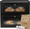 Bread Box for Kitchen Countertop - Wooden 2 Tier Bread Box with 10x Bread Bags and 10x Bread Bag Ties Vintage Breadbox Bread Storage Container Farmhouse Food Organizer Pantry Shelf (Black)